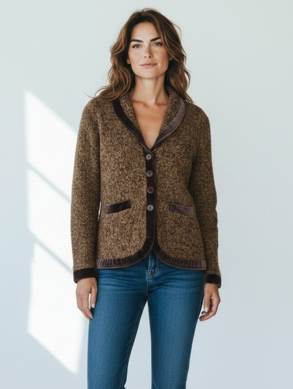 Anthropology HWR Monogram Touring Brown Bouclé Knit Sweater Blazer.